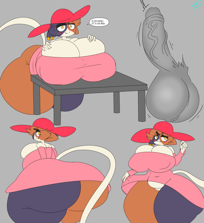 absurd_res anthro balls big_balls big_breasts big_butt big_penis blush breast_rest breasts butt calico_cat clothed clothing disembodied_penis domestic_cat dress duo ear_piercing ellipsis english_text epic_games erection felid feline felis female fortnite furniture genitals hat headgear headwear hi_res huge_balls huge_breasts huge_butt huge_hips huge_penis huge_thighs looking_at_viewer looking_back male mammal meow_skulls_(fortnite) multicolored_body no_underwear penis penis_awe piercing pussy smile speech_bubble sun_hat table text thick_thighs wide_hips yellow_eyes zudofu