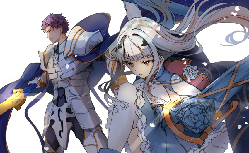 1boy 1girl ameshiki armor blue_cape blue_dress breasts cape cross dress fate/grand_order fate_(series) flower forked_eyebrows frills gauntlets hair_ornament highres holding holding_sword holding_weapon kneeling knight knights_of_the_round_table_(fate) lancelot_(fate/grand_order) long_hair long_sleeves melusine_(fate) melusine_(second_ascension)_(fate) purple_eyes purple_hair rose short_hair shoulder_armor sidelocks simple_background small_breasts sword thighhighs thighs weapon white_background white_flower white_hair white_rose white_thighhighs yellow_eyes