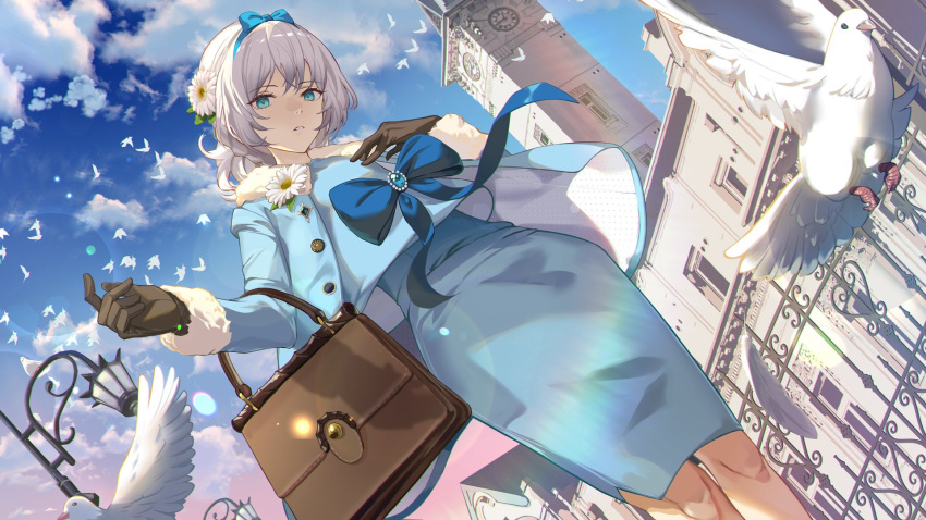 1girl alternate_costume an-94_(girls'_frontline) bag blue_bow blue_dress blue_eyes blue_jacket blue_sky bow brown_bag brown_gloves building clock clock_tower cloud cloudy_sky dawn dress flock flower girls'_frontline gloves hair_bow hair_flower hair_ornament handbag highres jacket looking_at_viewer niac sky solo tower white_dove white_hair