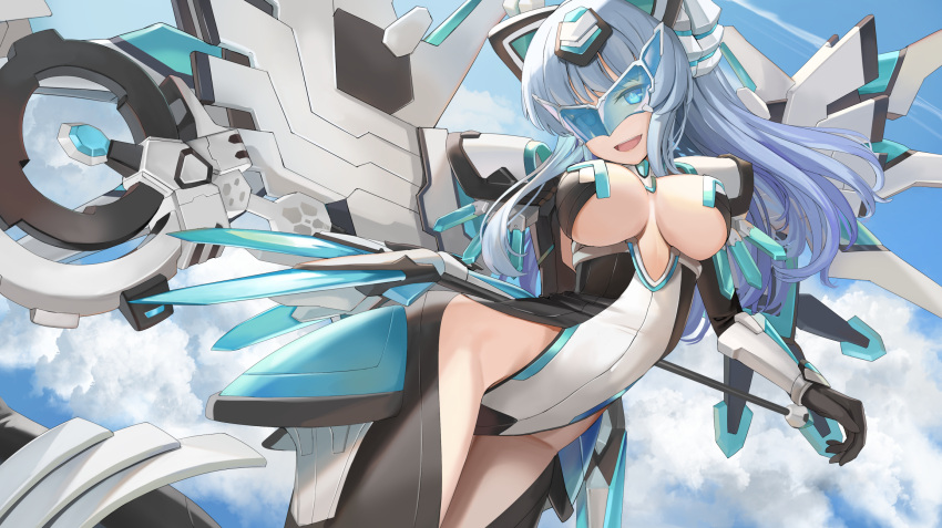 1girl :d armor black_gloves black_leotard blue_eyes blue_hair blue_leotard blue_sky breasts cleavage clothing_cutout cloud cloudy_sky commentary_request commission cowboy_shot detached_sleeves dutch_angle energy_wings gloves hair_ornament head-mounted_display highres holding holding_staff horns kami_jigen_game_neptune_v kiseijou_rei_(goddess_form) large_breasts leotard long_hair looking_at_viewer mechanical_gloves mechanical_horns mechanical_wings multicolored_hair multicolored_leotard neptune_(series) pauldrons purple_hair shoulder_armor skeb_commission sky smile solo staff sunga2usagi sunlight symbol-shaped_pupils thigh_cutout underboob white_leotard wings