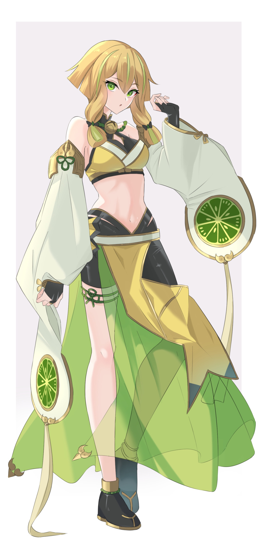 1girl absurdres bare_shoulders bike_shorts blonde_hair bridal_gauntlets crop_top detached_sleeves duel_monster fu-ri_the_orb_mikanko green_eyes hair_between_eyes hand_up heichi highres long_sleeves midriff multicolored_hair navel no_animal_ears short_hair_with_long_locks solo stomach streaked_hair tank_top wide_sleeves yu-gi-oh!