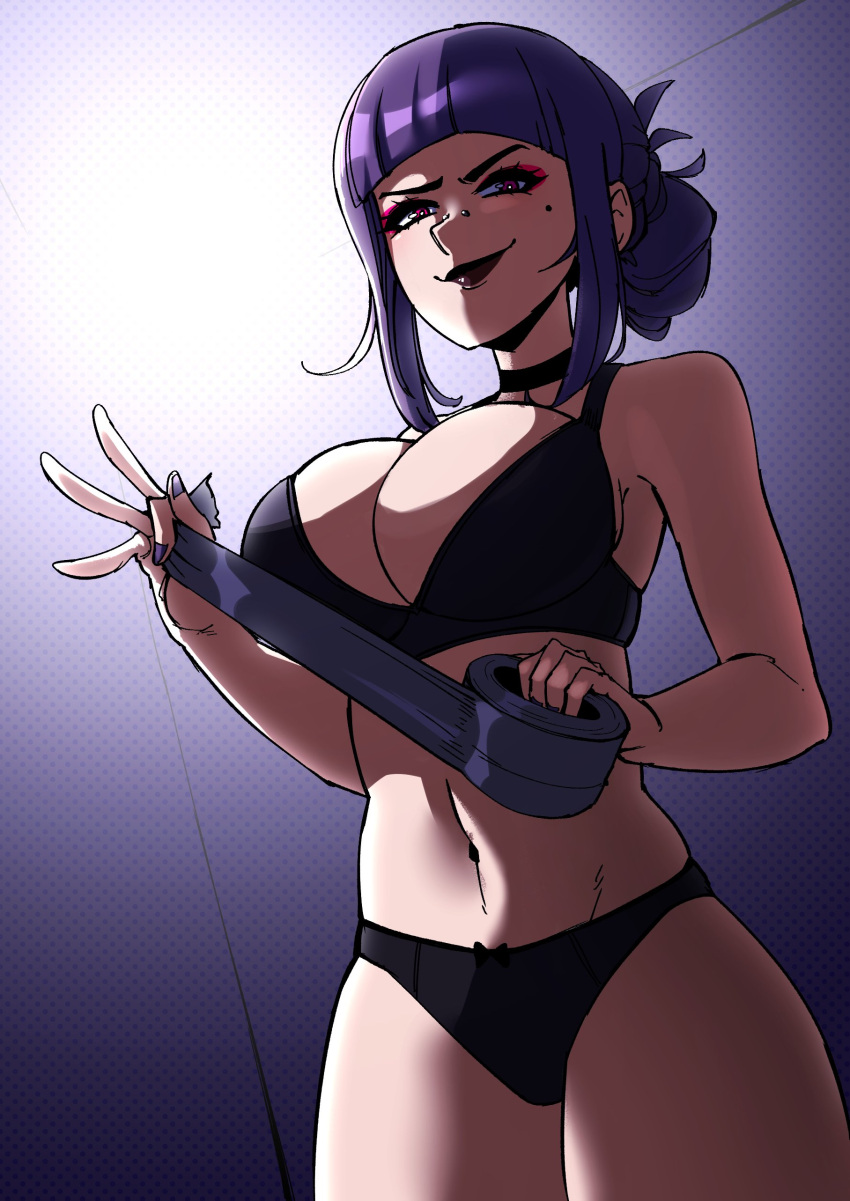 1girl absurdres black_bra black_panties blunt_bangs bra breasts dahlia_(jam-orbital) gingrjoke hair_bun highres indoors jewelry light looking_at_viewer neck_ring original panties pink_eyes purple_hair purple_lips shadow single_hair_bun tape underwear