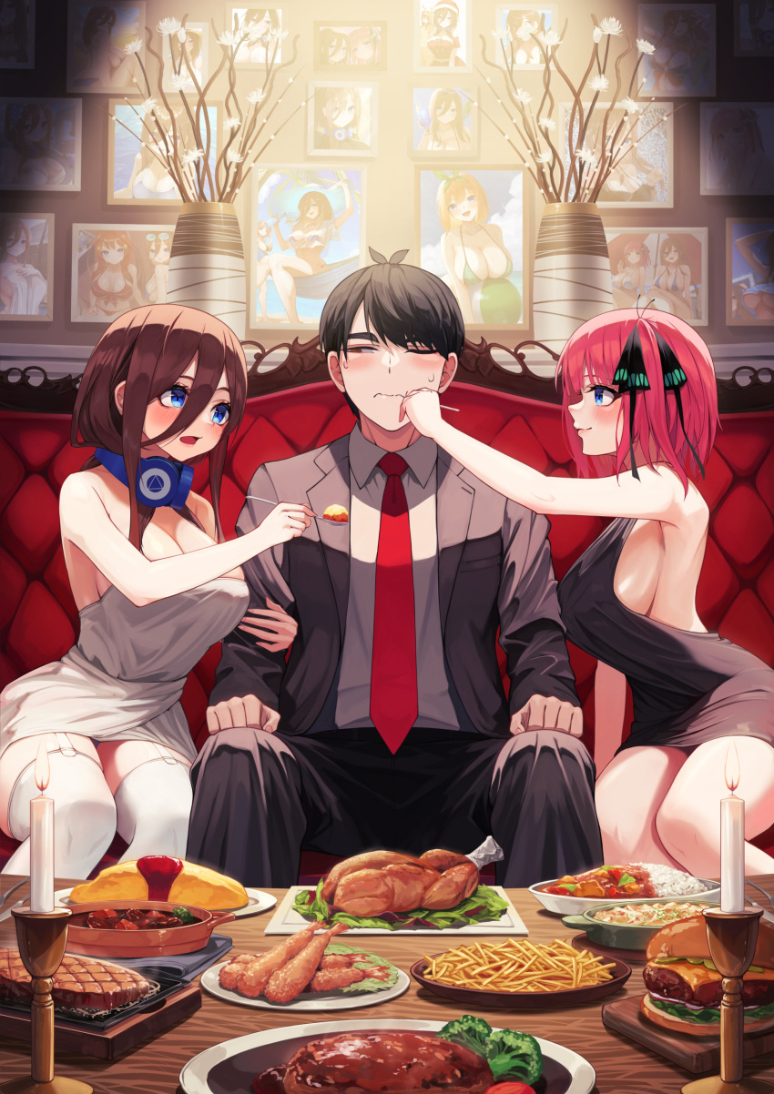 1boy 2girls absurdres bare_arms bare_shoulders black_dress black_hair blue_eyes breasts brown_hair burger butterfly_hair_ornament candle chicken_(food) chips_(food) cleavage couch curry curry_rice drawing_(object) dress feeding flower_pot food garter_straps go-toubun_no_hanayome hair_ornament hamburger_steak harem headphones headphones_around_neck highres hiyoku large_breasts light_smile looking_at_another looking_to_the_side multiple_girls nakano_itsuki nakano_miku nakano_nino nakano_yotsuba omelet omurice one_eye_closed orange_eyes pink_hair portrait potato_chips red_tie rice salad short_hair siblings sideboob sisters sleeveless sleeveless_dress spoon sweatdrop table thighhighs thighs twins uesugi_fuutarou white_dress white_garter_straps white_thighhighs