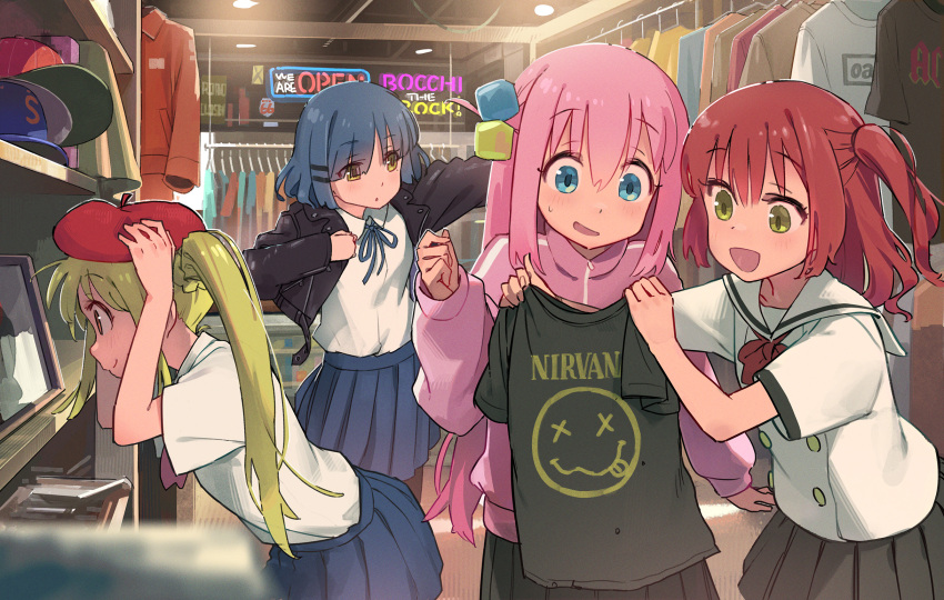 4girls black_jacket black_shirt black_skirt blonde_hair blue_eyes blue_hair blush bocchi_the_rock! closed_mouth cube_hair_ornament dressing gotoh_hitori green_eyes hair_between_eyes hair_ornament hat highres holding holding_clothes ijichi_nijika jacket kita_ikuyo long_hair long_sleeves minawa mole mole_under_eye multiple_girls nirvana_(band) one_side_up open_mouth pink_hair pink_jacket pleated_skirt red_eyes red_hair red_headwear revision school_uniform shirt short_hair short_sleeves shuka_high_school_uniform skirt smile track_jacket white_shirt yamada_ryo