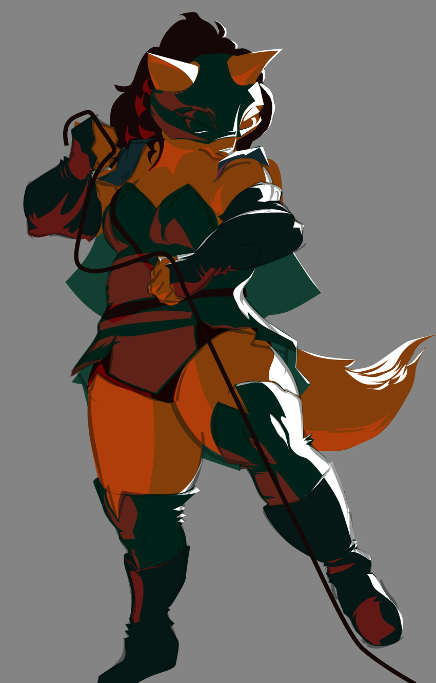 2023 absurd_res anthro bottomwear canid canine clothed clothing dress female fingerless_gloves fox fur gloves greenpolygon guide_lines hair handwear hexley_fox hi_res hotpants krita_(program) legwear light lighting mammal mask on_one_leg rope shaded short_dress shorts solo standing tail thick_tail thick_thighs thigh_highs