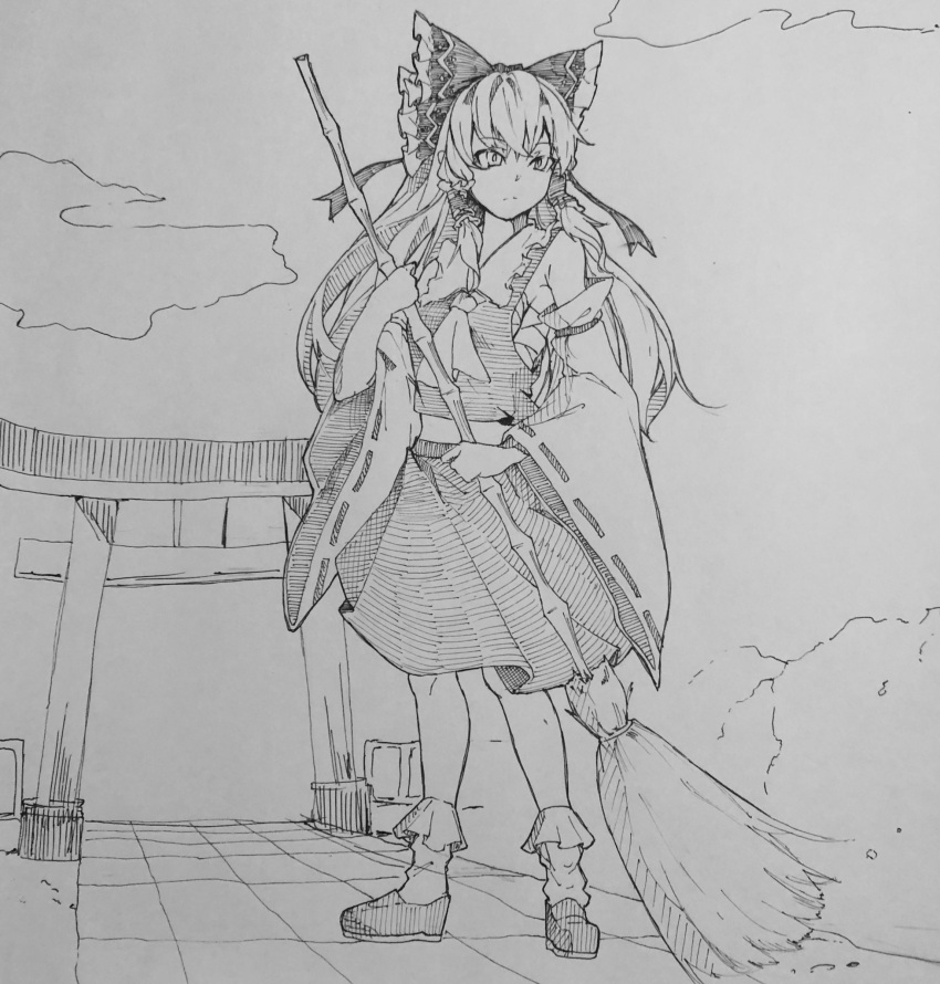 1girl ascot bow broom closed_mouth detached_sleeves greyscale hair_bow hair_tubes hakurei_reimu highres holding holding_broom kanaria_(bocmn) long_hair looking_afar monochrome outdoors ribbon-trimmed_sleeves ribbon_trim shirt shoes sidelocks simple_background sketch skirt socks solo torii touhou traditional_media wide_sleeves