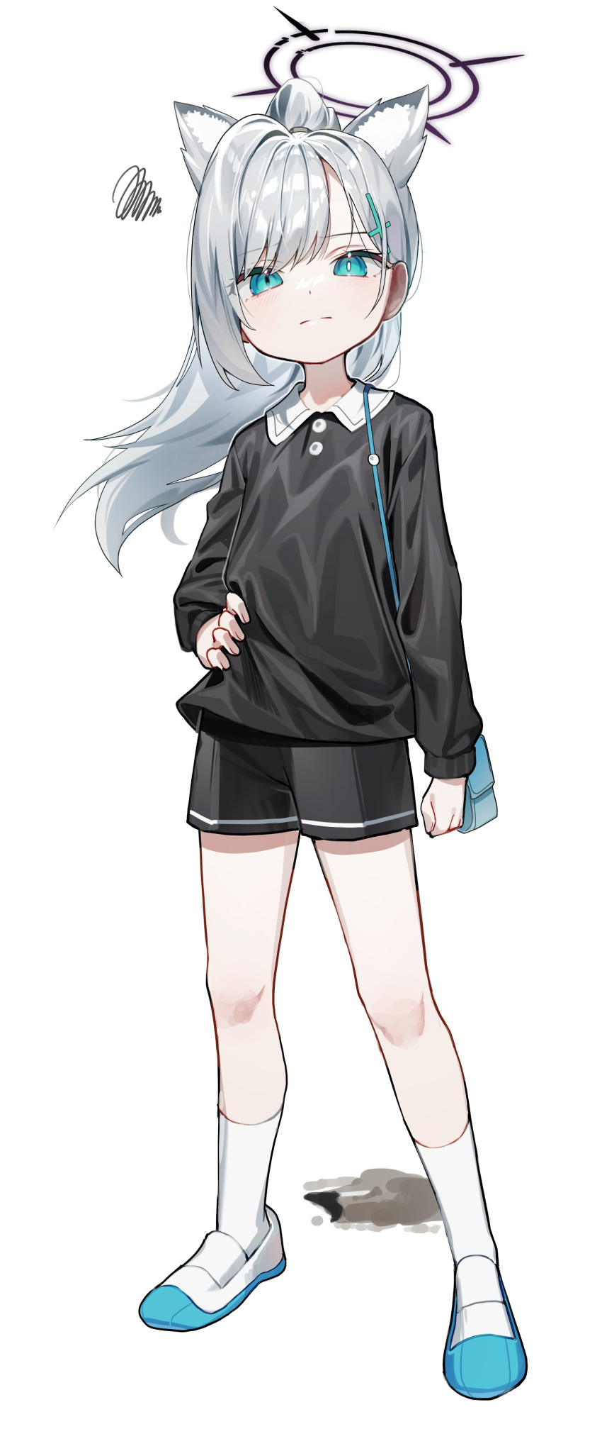 1girl absurdres aged_down animal_ears black_shirt black_shorts blue_archive blue_eyes blue_footwear blue_halo blush closed_mouth cross_hair_ornament dark_halo extra_ears full_body grey_hair hair_ornament halo highres long_hair long_sleeves looking_at_viewer shiroko_(blue_archive) shiroko_terror_(blue_archive) shirt shoes shorts simple_background socks solo squiggle sugar_(dndi888) white_background white_socks wolf_ears