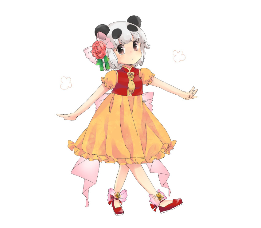 1girl alternate_costume animal_ears black_hair blush bow brown_eyes chinese_clothes dress flower footwear_bow frilled_dress frilled_sleeves frills giant_panda_(kemono_friends) hair_bow hair_flower hair_ornament high_collar highres kemono_friends kuromitsu_(9633_kmfr) multicolored_hair panda_ears panda_girl puffy_short_sleeves puffy_sleeves red_footwear red_vest short_hair short_sleeves sidelocks solo two-tone_hair vest white_hair yellow_dress