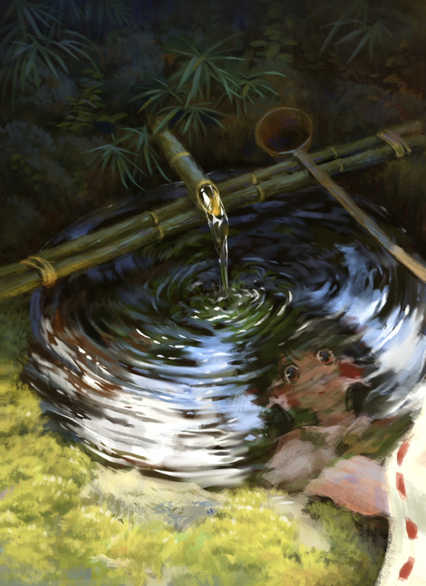 1girl bamboo black_hair commentary_request grass hair_tubes hakurei_reimu highres outdoors red_eyes reflection reflective_water ribbon-trimmed_sleeves ribbon_trim satellitedragon sidelocks solo touhou water water_slide