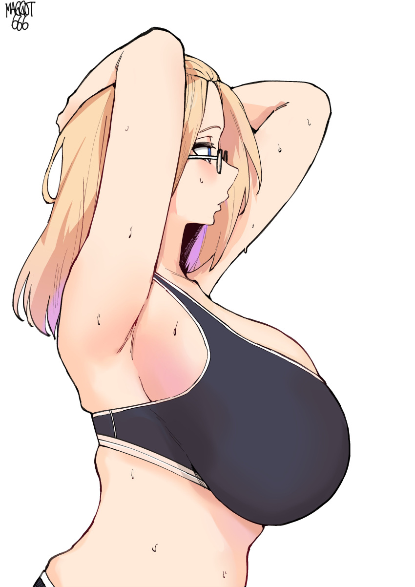 1girl absurdres armpits arms_up bangs_pinned_back blonde_hair blue_eyes breasts from_side glasses hair_pulled_back highres huge_breasts inne_sulistya_robin norman_maggot original sideboob solo sports_bra sweat white_background