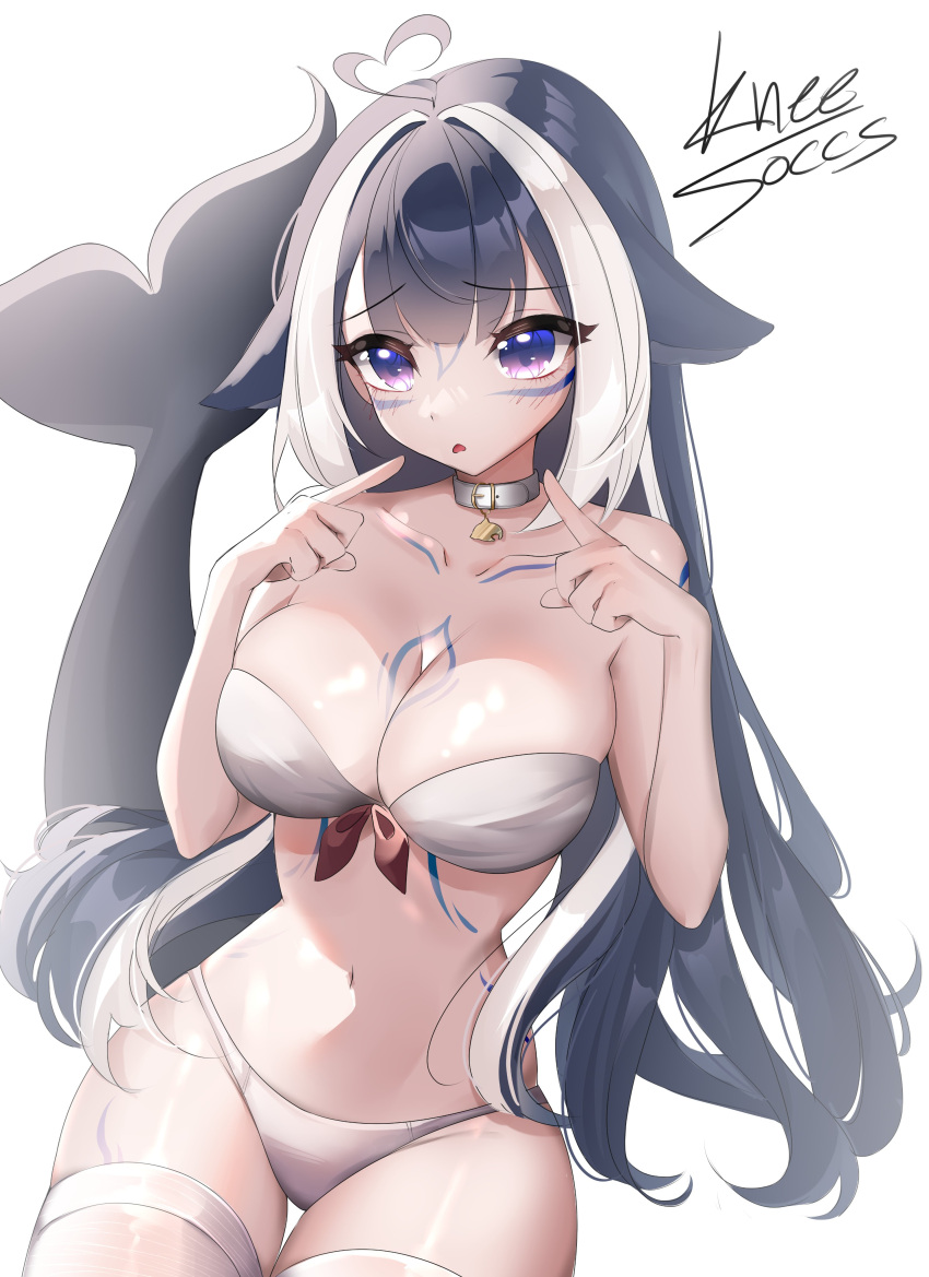 1girl absurdres ahoge animal_ears arm_tattoo bikini black_hair breasts cetacean_tail chest_tattoo collar collarbone facial_tattoo fins fish_tail hair_flaps heart heart_ahoge highres index_finger_raised indie_virtual_youtuber kneesoccs large_breasts long_hair looking_at_viewer multicolored_hair navel orca_girl purple_eyes shylily simple_background solo stomach strapless strapless_bikini streaked_hair swimsuit tail tattoo thigh_strap very_long_hair virtual_youtuber white_background white_bikini white_collar white_hair