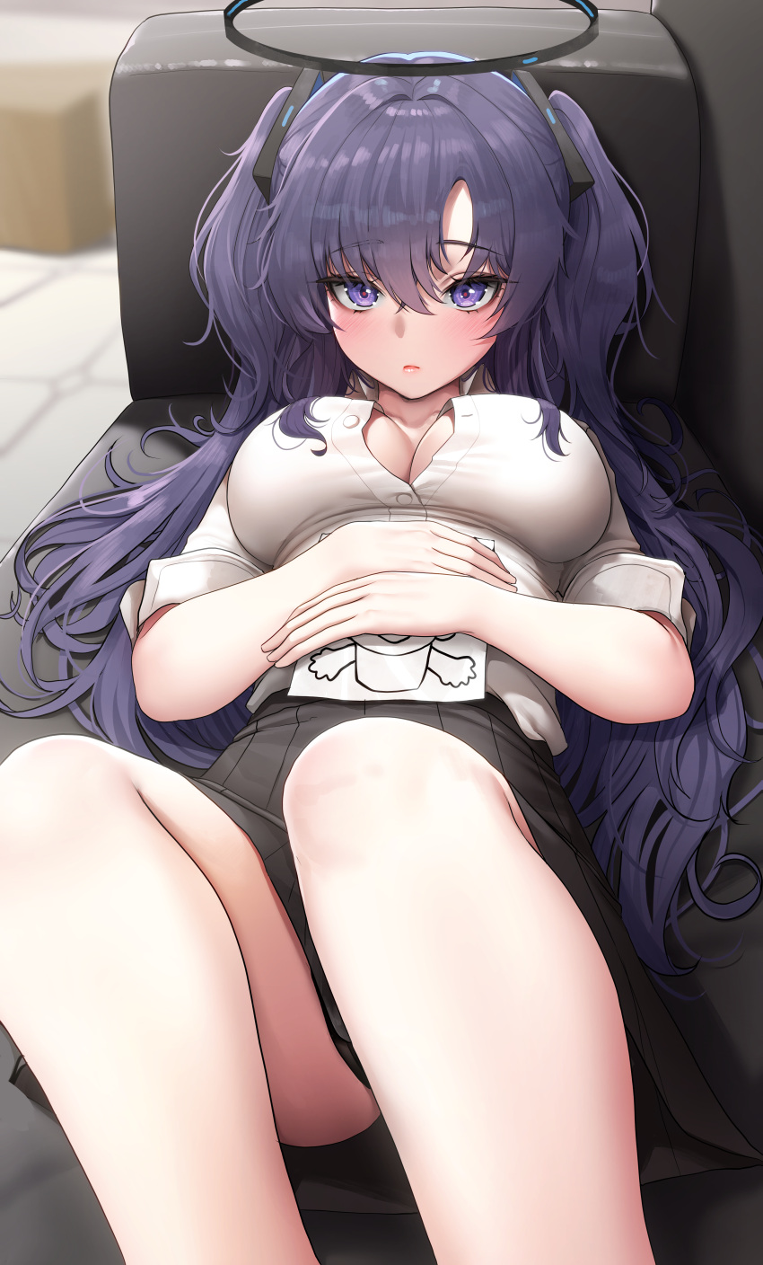 1girl absurdres arona's_sensei_doodle_(blue_archive) black_skirt blue_archive blush breasts cleavage closed_mouth collared_shirt couch doyoon_7 hair_between_eyes halo highres holding holding_paper large_breasts long_hair looking_at_viewer lying on_back paper partially_unbuttoned purple_eyes purple_hair sensei_(blue_archive) shirt skirt solo thighs two_side_up very_long_hair wavy_hair white_shirt yuuka_(blue_archive)