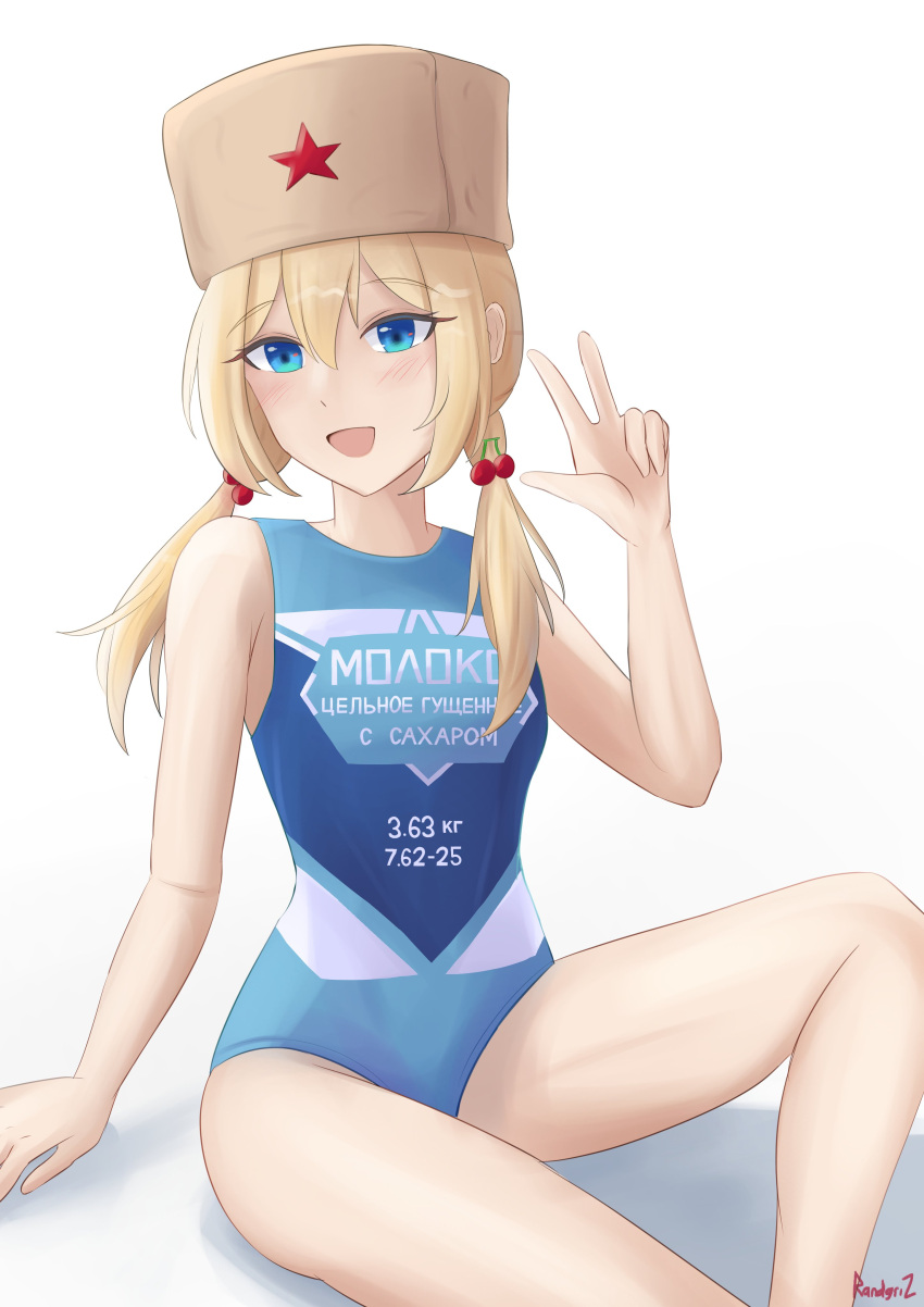 absurdres alternate_costume artist_request commentary girls'_frontline hat highres one-piece_swimsuit ppsh-41_(girls'_frontline) randgriz96 swimsuit tagme three-finger_salute translated typo