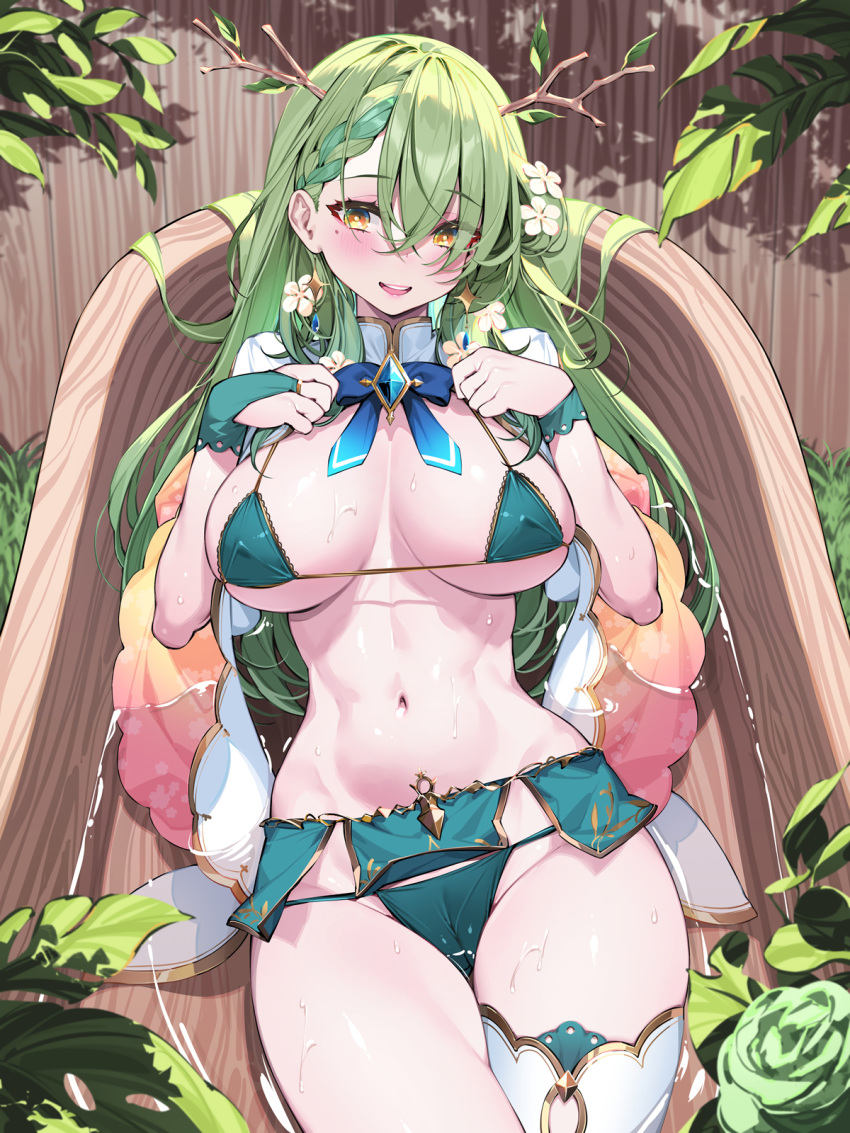 1girl antlers bathtub bikini blush branch breasts cameltoe ceres_fauna covered_nipples earrings flower green_bikini green_hair hair_flower hair_ornament highres hololive hololive_english jewelry large_breasts leaf long_hair mole mole_under_eye navel open_mouth single_thighhigh smile solo stomach swimsuit thighhighs virtual_youtuber water waterring wet white_flower white_thighhighs yellow_eyes
