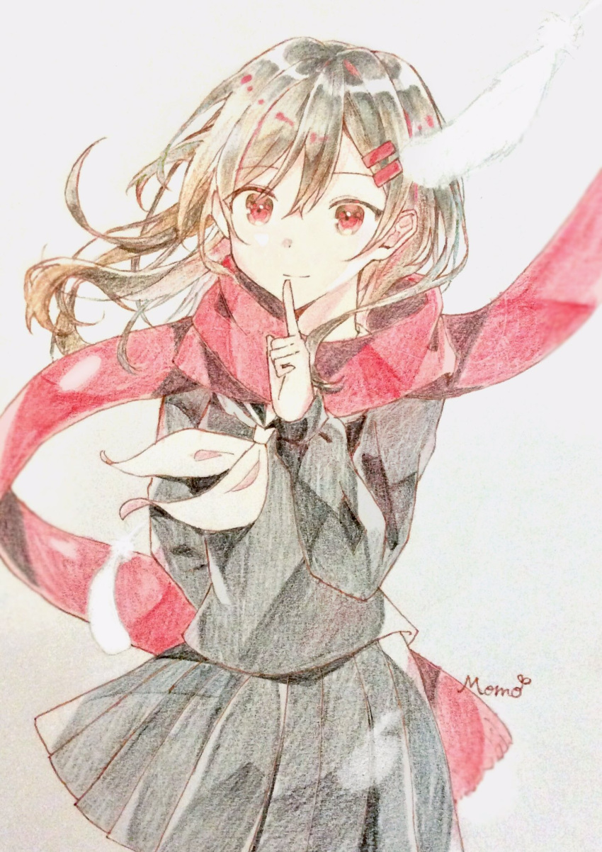 1girl artist_name black_serafuku black_skirt brown_hair closed_mouth colored_pencil_(medium) commentary cowboy_shot enpera finger_to_mouth floating_scarf hair_between_eyes hair_ornament hairclip hand_up highres index_finger_raised kagerou_project light_smile long_hair long_scarf long_sleeves looking_at_viewer mekakucity_actors neckerchief pleated_skirt red_eyes red_scarf scarf school_uniform serafuku shushing skirt solo tateyama_ayano traditional_media wakakusa_momo white_background white_neckerchief