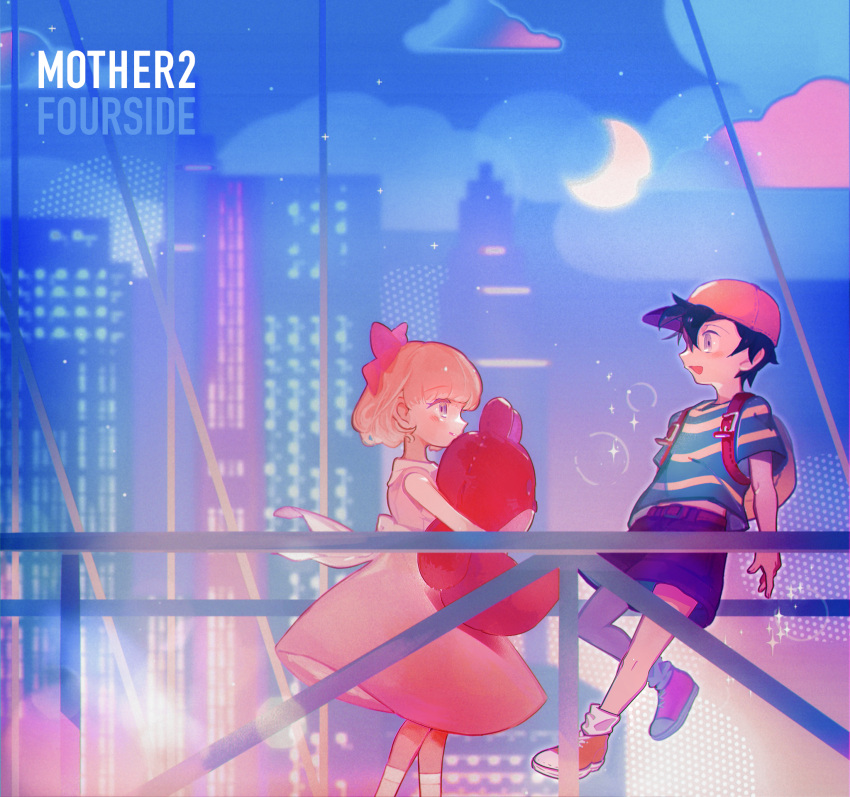 1boy 1girl backpack bag black_hair blonde_hair blush bow building city cloud copyright_name crescent_moon dress from_side hair_between_eyes hat highres higuchi_megumi holding holding_stuffed_toy moon mother_(game) mother_2 ness_(mother_2) night open_mouth outdoors paula_(mother_2) pink_dress profile shirt shoes short_hair short_sleeves shorts sky sleeveless sleeveless_dress sparkle striped striped_shirt stuffed_animal stuffed_toy teddy_bear