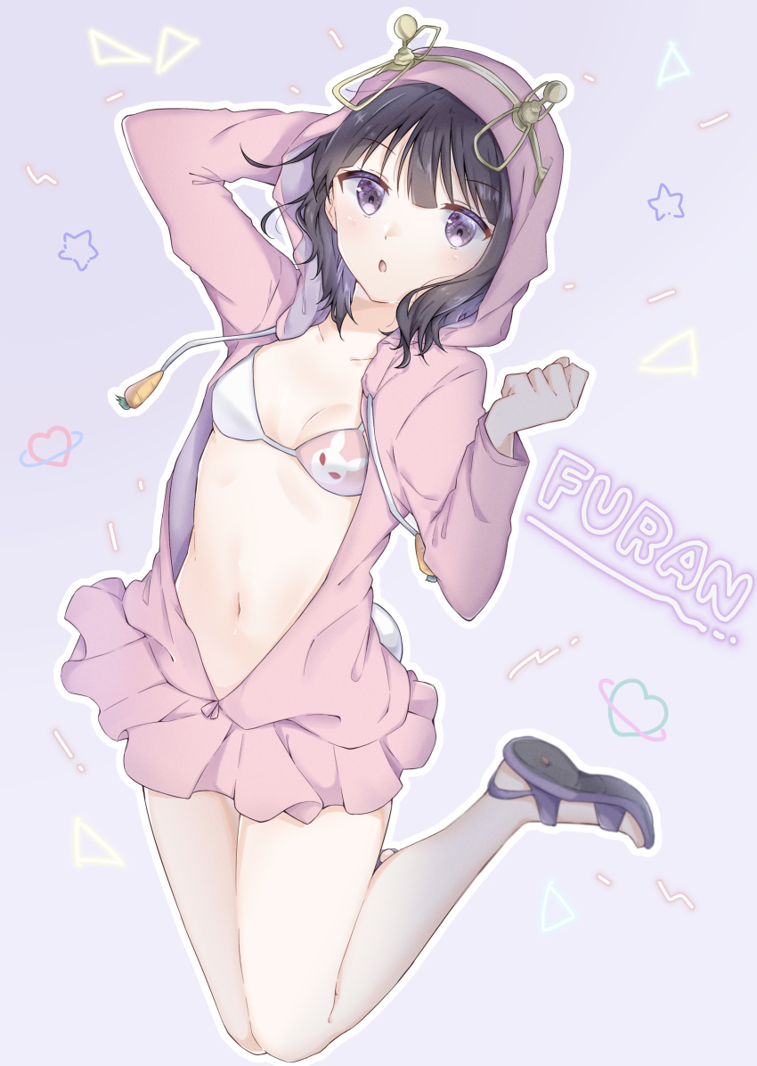 168_azusa 1girl absurdres arm_up black_hair breasts character_name commentary_request full_body hand_up highres hood hood_up hooded_jacket jacket karasuma_fran looking_at_viewer navel open_clothes parted_lips pink_jacket purple_background purple_eyes sandals short_hair solo toaru_majutsu_no_index toaru_majutsu_no_index:_new_testament