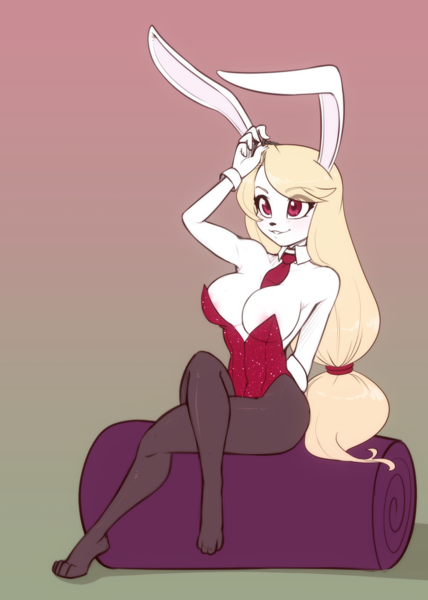 absurd_res anthro areola areola_slip big_breasts blush breasts bunny_costume cleavage clothed clothing costume crossed_legs cuffs_(clothing) female hi_res lagomorph legwear leporid mammal necktie pantyhose rabbit scorpdk sitting solo