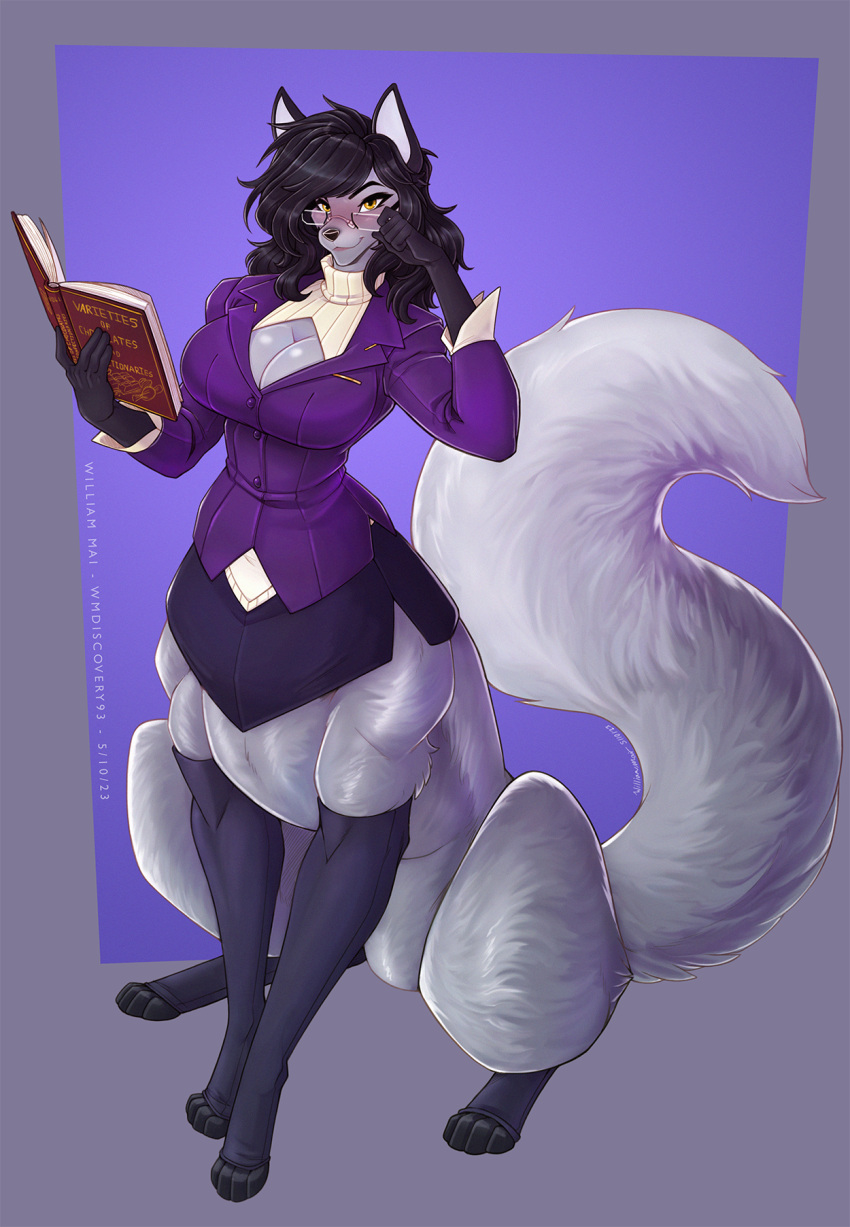 black_hair blush book breasts canid canid_taur canine canine_taur cleavage cleavage_cutout clothed clothing eyewear female fox fox_taur glasses hair hi_res leg_markings legwear long_tail mammal mammal_taur markings socks_(marking) stockings suit tail taur wmdiscovery93 yellow_eyes