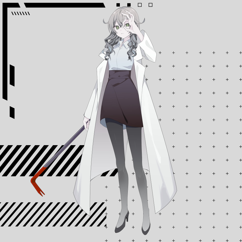 1girl absurdres alternate_costume alternate_hair_color black_pantyhose black_skirt cevio closed_mouth commentary_request dress_shirt full_body green_eyes grey_background grey_hair hair_flaps hair_over_shoulder hanakuma_chifuyu hand_up high_heels highres holding_crowbar lab_coat long_hair long_sleeves looking_at_viewer ok_sign ok_sign_over_eye open_labcoat pantyhose pencil_skirt popped_collar shirt shirt_tucked_in skirt solo synthesizer_v toudou_charo wavy_hair white_shirt