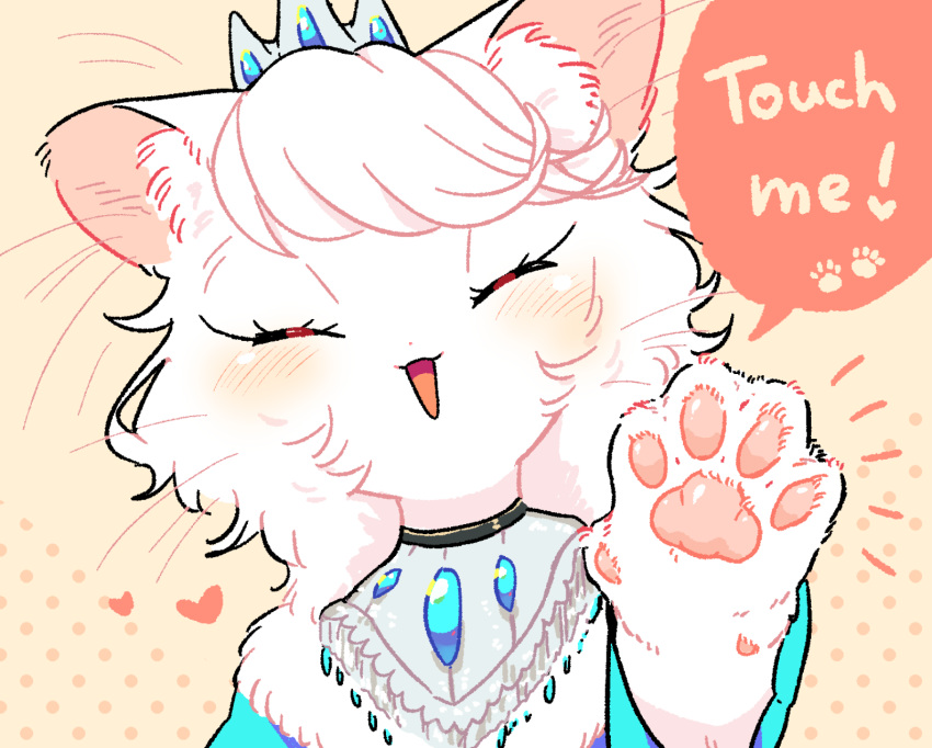 &lt;3 abstract_background anthro bangs blush bust_portrait clothed clothing cocri crown dialogue domestic_cat dress emanata english_text eyelashes eyes_closed felid feline felis female female_anthro footprint fur hair headgear hi_res inner_ear_fluff kemono mammal open_mouth open_smile pawpads pawprint paws pink_nose pink_pawpads portrait princess_koyuki_(cocri) raised_arm short_hair simple_background smile solo speech_bubble tan_background text tiara tuft wavy_hair white_body white_fur white_hair