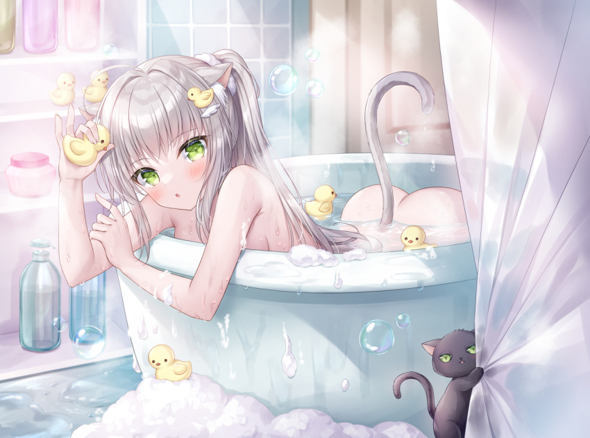 1girl :o ass bath bathing bathroom bathtub black_cat blush bubble cat cat_tail commentary_request completely_nude green_eyes holding kohinata_hoshimi long_hair looking_at_viewer nude original parted_lips partially_submerged ponytail rubber_duck sidelocks soap_bubbles solo tail tile_wall tiles water wet