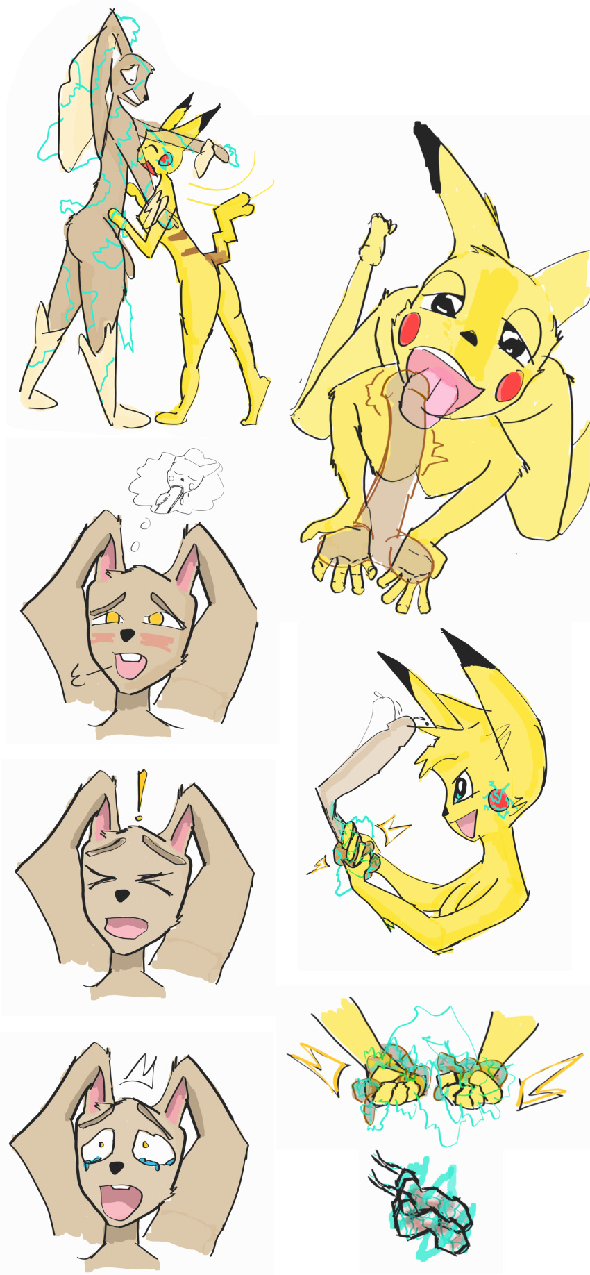 absurd_res anthro ball_crush ball_squeeze ballbusting cock_and_ball_torture dominant dominant_female duo electricity electrostimulation female generation_1_pokemon generation_4_pokemon genital_torture hi_res lagomorph leporid lopunny male male/female mammal nintendo orgasm_denial pikachu pokemon pokemon_(species) polkmijnu rabbit teasing underground_league