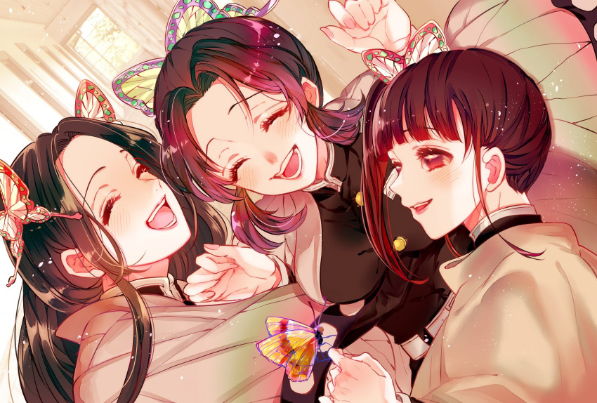 3girls :d ^_^ animal_print black_hair blush bug butterfly butterfly_hair_ornament butterfly_print closed_eyes demon_slayer_uniform eyelashes from_side hair_ornament haori highres japanese_clothes kimetsu_no_yaiba kochou_kanae kochou_shinobu long_hair long_sleeves multiple_girls open_mouth siblings side_ponytail sidelocks sisters smile tongue tsuyuri_kanao upper_body yamada_73