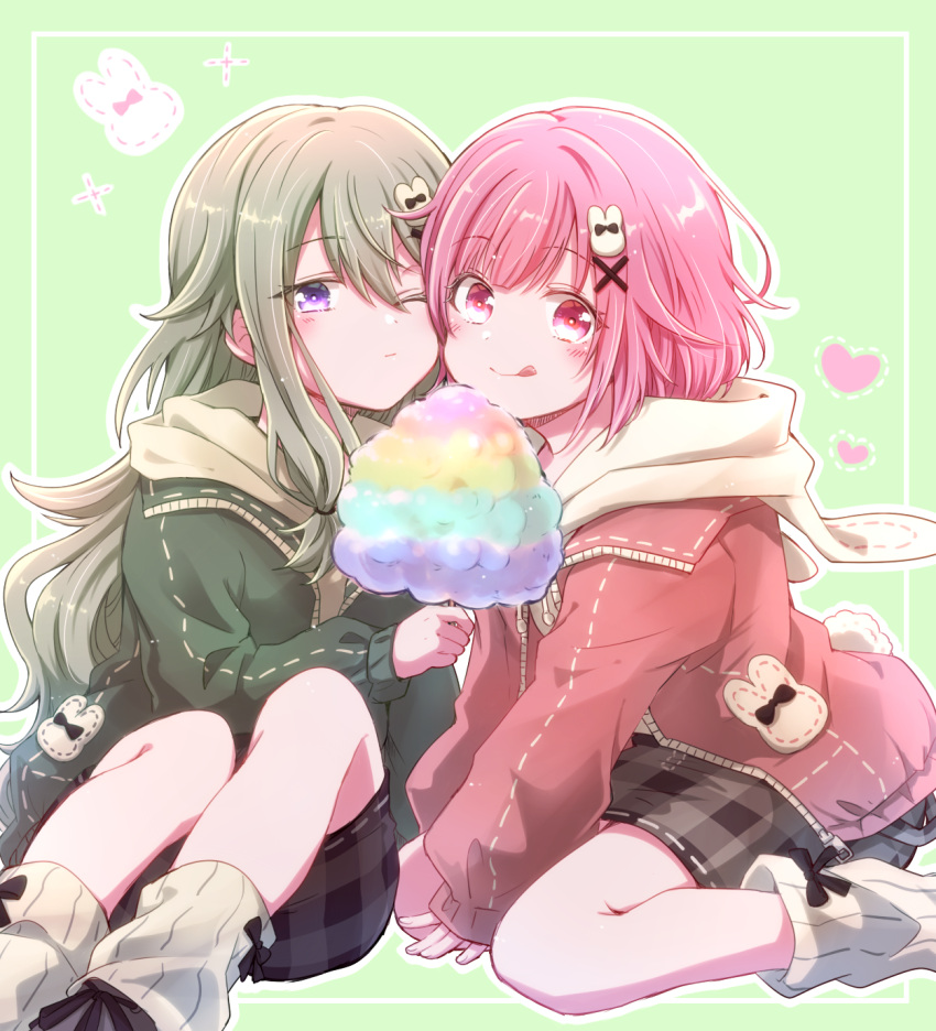 2girls :q brown_skirt cotton_candy food green_hair green_jacket grey_background hair_ornament highres holding holding_food jacket kusanagi_nene long_sleeves looking_at_viewer multiple_girls oekakimmy one_eye_closed ootori_emu osanpo_usa-chan_coord_(project_sekai) pink_eyes pink_hair pink_jacket plaid plaid_skirt project_sekai purple_eyes rabbit_hair_ornament short_hair simple_background sitting skirt smile socks tongue tongue_out white_socks x_hair_ornament