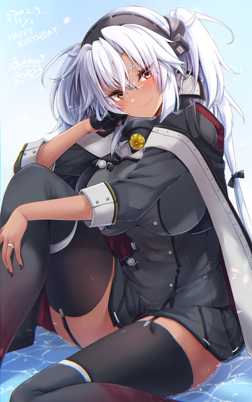 1girl absurdres black_nails blush boots breasts brown_eyes dark-skinned_female dark_skin glasses gradient_nails grey-framed_eyewear grey_hair grey_nails hair_between_eyes happy_birthday highres jewelry kantai_collection large_breasts long_hair looking_at_viewer mashiro_yukiya musashi_(kancolle) musashi_kai_ni_(kancolle) pointy_hair rectangular_eyewear rimless_eyewear ring sakuramon semi-rimless_eyewear sitting smile solo thigh_boots thighhighs twintails water wedding_ring