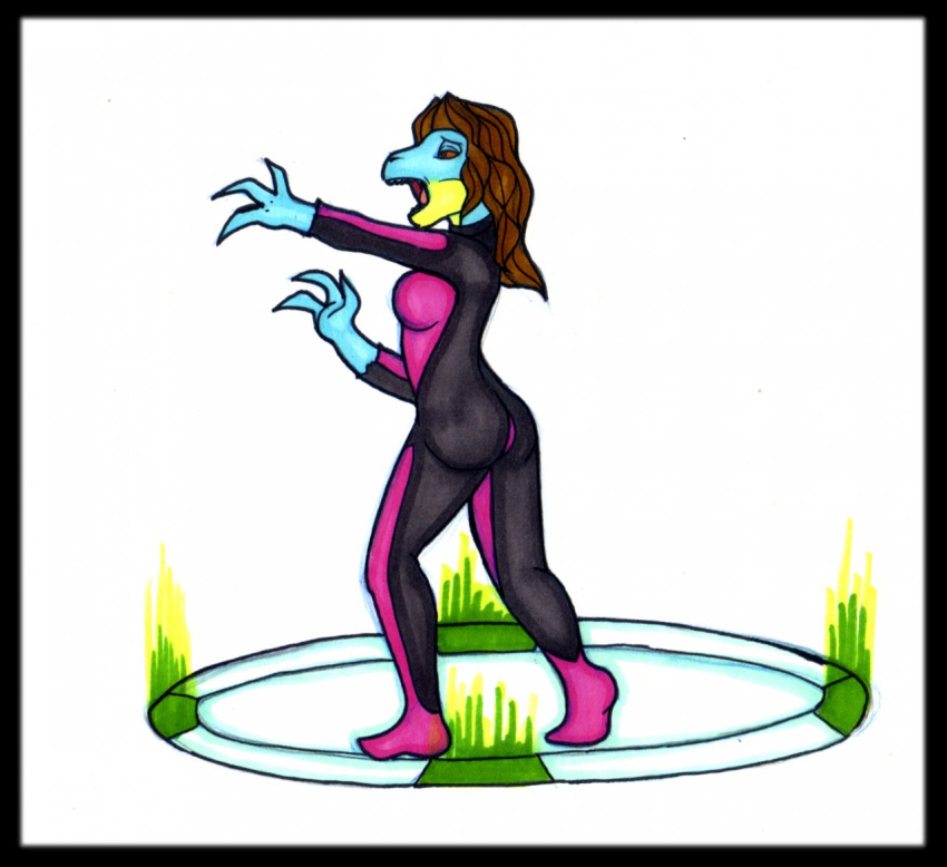 3_fingers anthro big_breasts black_border blue_body blue_scales bodysuit border breasts brown_eyes brown_hair claws clothing dragon female feral fingers green_light hair ivanks long_hair looking_at_hand mid_transformation moan open_mouth pupils reptile scales scalie side_view simple_background skinsuit snout solo species_transformation standing surprised_expression technology teeth tight_clothing tongue torn_clothing transformation transformation_through_technology wavy_hair white_background wyvern