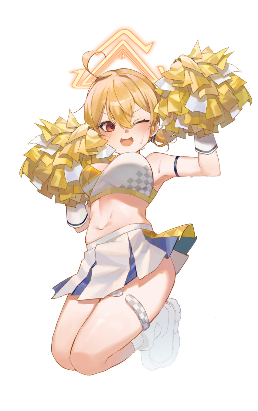 1girl ahoge blonde_hair blue_archive blush braid breasts cheerleader folded halo highres kotori_(blue_archive) kotori_(cheerleader)_(blue_archive) large_breasts looking_at_viewer may.l midair midriff navel one_eye_closed open_mouth pom_pom_(cheerleading) red_eyes shoes short_hair skindentation skirt smile sneakers sweat thigh_strap
