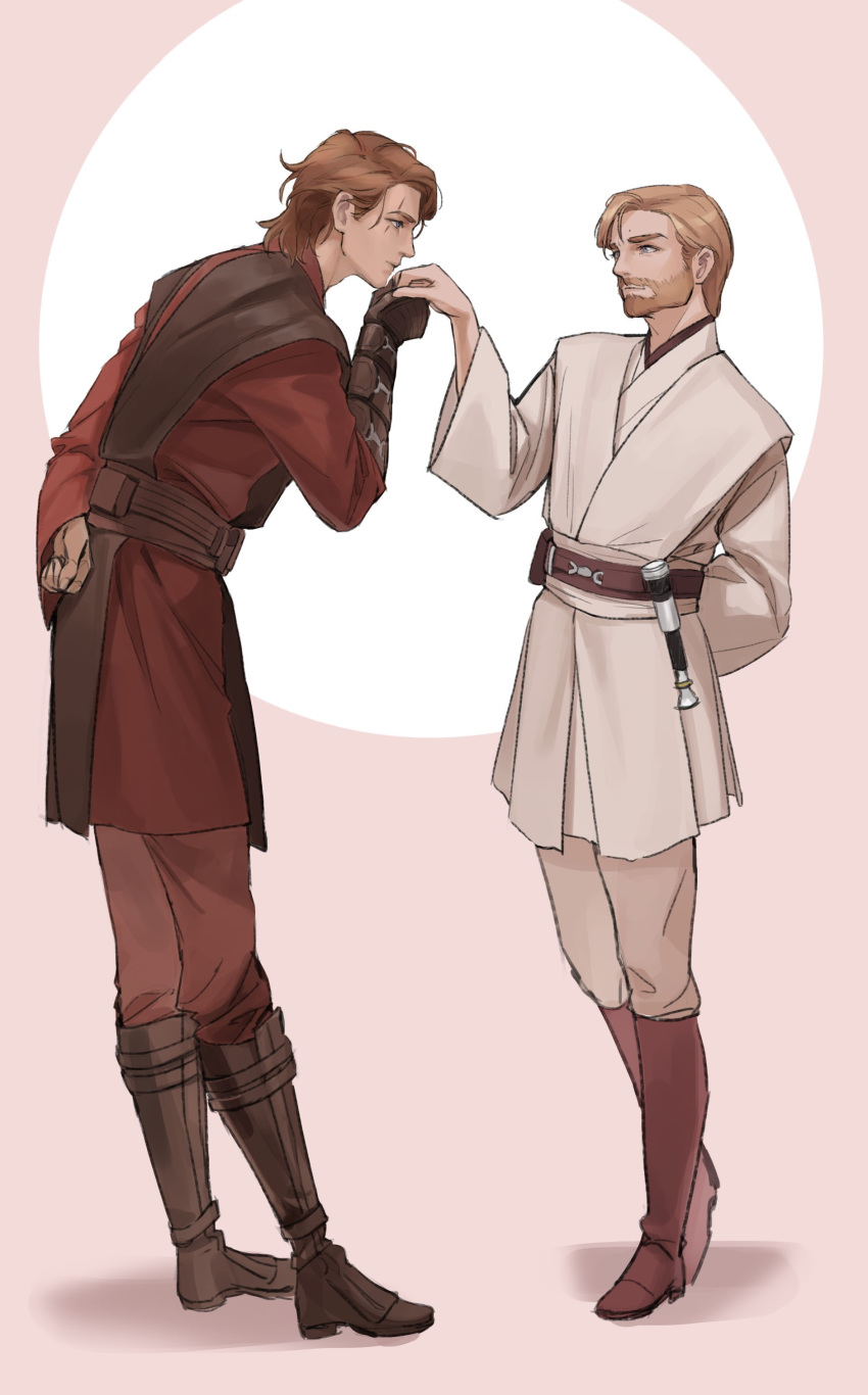 2boys absurdres anakin_skywalker beard blonde_hair blue_eyes boots energy_sword facial_hair ff_anbinjub full_body gloves highres jedi kiss kissing_hand lightsaber mole multiple_boys obi-wan_kenobi scar scar_across_eye single_glove star_wars star_wars:_the_clone_wars sword weapon yaoi