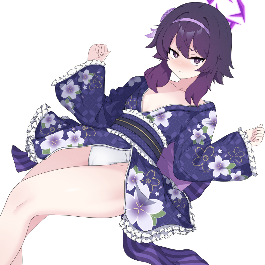 1girl absurdres blue_archive blush cameltoe feet_out_of_frame floral_print flower frilled_kimono frilled_sash frills hair_between_eyes hair_flower hair_ornament hairband halo haruka_(blue_archive) haruka_(new_year)_(blue_archive) highres hrna japanese_clothes kimono kimono_skirt legs long_hair long_sleeves looking_at_viewer obi official_alternate_costume panties print_kimono purple_eyes purple_hair purple_hairband purple_kimono sash solo thighs underwear white_background white_panties wide_sleeves