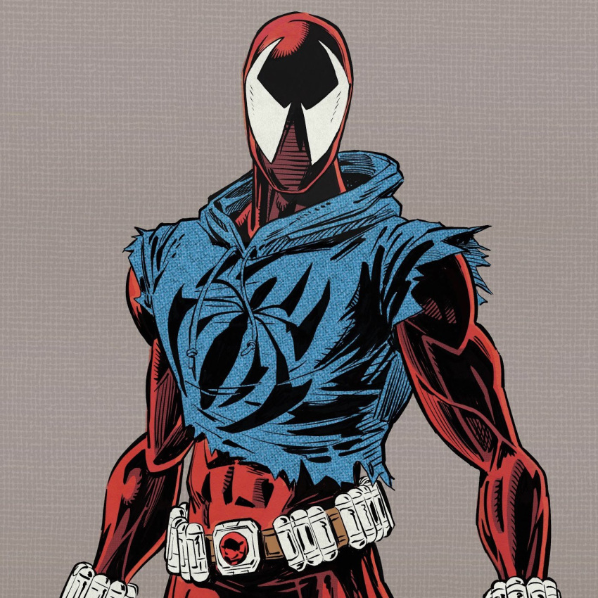 animal_print aymeric_kevin ben_reilly blue_bodysuit bodysuit highres hood hooded_bodysuit hoodie looking_at_viewer male_focus marvel mask muscular official_art red_bodysuit reference_sheet scarlet_spider simple_background spider-man:_across_the_spider-verse spider-man_(series) spider_print superhero torn_hoodie