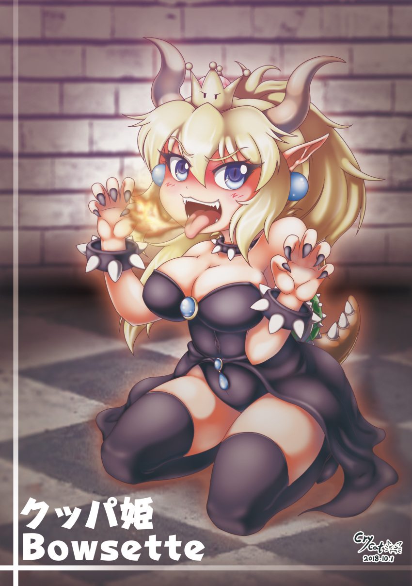 1girl absurdres bare_shoulders black_dress black_nails blonde_hair blue_eyes bowsette bracelet collar crycat dress earrings full_body highres horns jewelry long_hair looking_at_viewer mario_(series) new_super_mario_bros._u_deluxe pointy_ears sidelocks sitting solo spiked_bracelet spiked_collar spikes super_crown tongue tongue_out