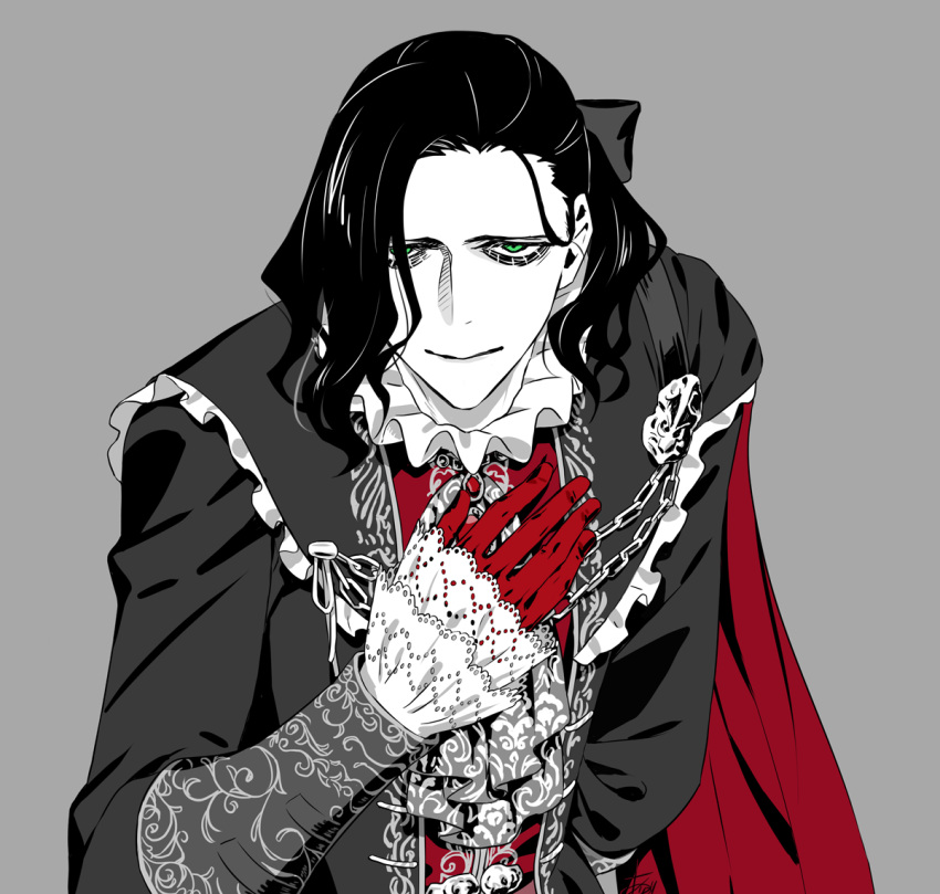 1boy arizuka_(catacombe) black_bow black_cape bloodborne bow cape clothing_request frilled_cape frills gem gloves hair_bow hair_over_one_eye long_sleeves male_focus original pale_skin red_cape red_gloves red_shirt shirt smile solo