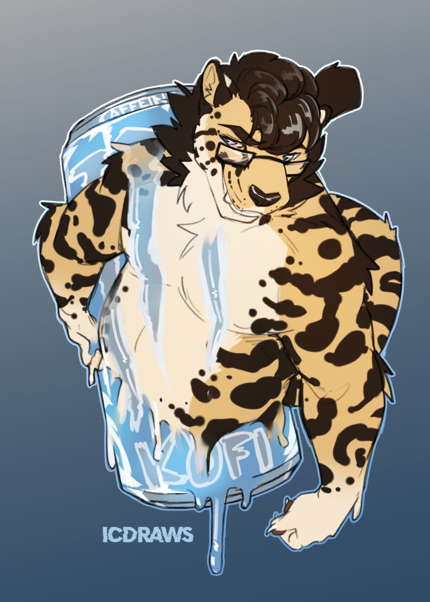 anthro beverage blue_eyes cheetah claws digital_media_(artwork) energy_drink eyewear fangs felid feline fur glasses hair hi_res icecreamdraws king_cheetah kofi_(kofithechee) male mammal smile solo spots spotted_body spotted_fur teeth