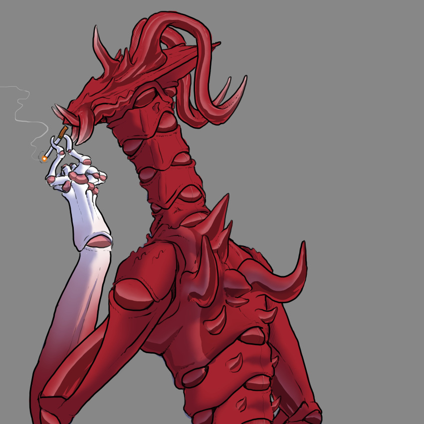 absurd_res ambiguous_gender cigarette exoskeleton eyeless hi_res horn humanoid joints monster red_body smoke smoking smoking_cigarette snout solo teeth thecore34