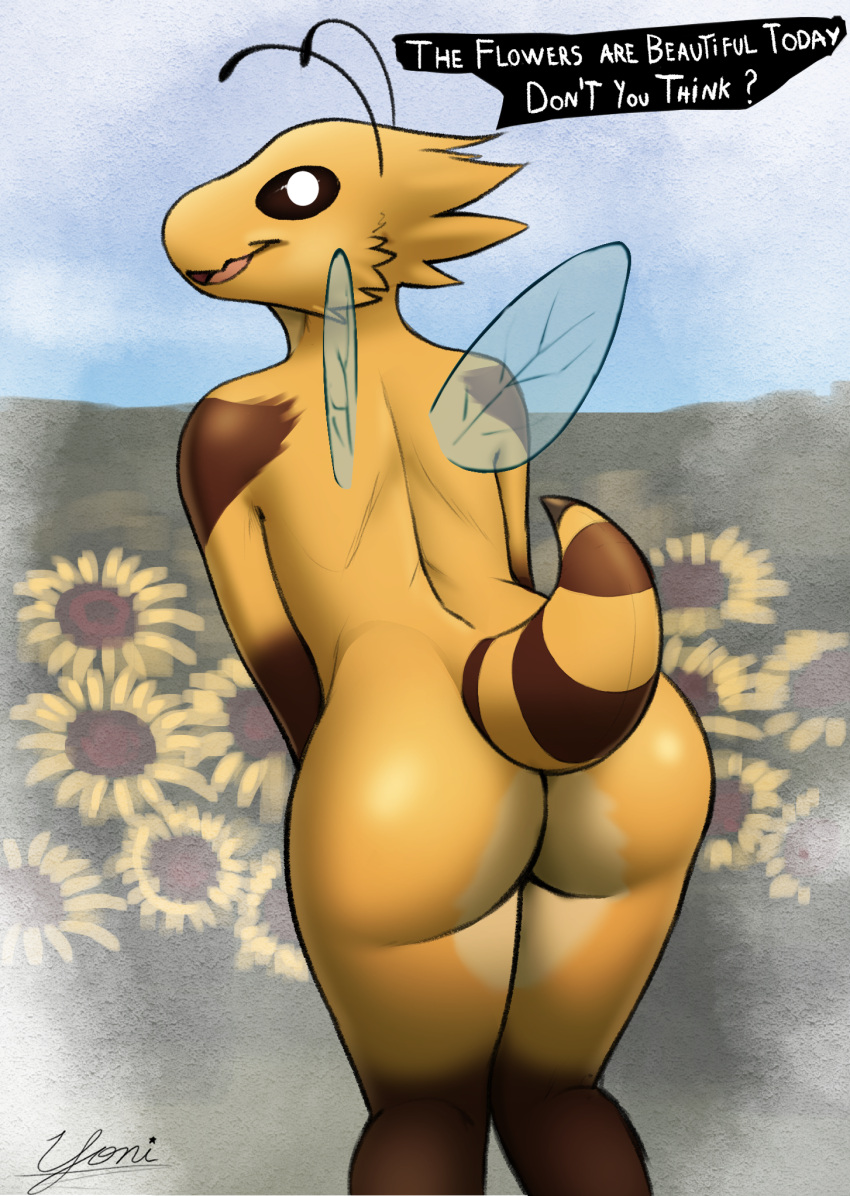 antennae_(anatomy) anthro arthropod bee black_sclera butt dialogue female flower hi_res hymenopteran insect looking_at_viewer looking_back looking_back_at_viewer naive plant simple_background simple_eyes solo speech_bubble thick_thighs wings yellow_body yonivi