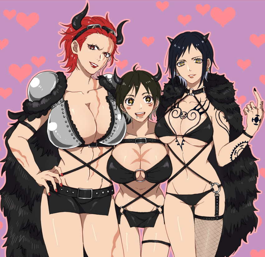 3girls arm_tattoo belt bikini black_bikini black_hair black_horns black_nails blush_stickers breast_tattoo breasts cape collarbone commentary_request earrings eustass_kid fishnet_thighhighs fishnets genderswap genderswap_(mtf) hand_on_own_hip hand_tattoo heart heart_background height_difference highres horns huge_breasts jewelry large_breasts looking_at_viewer monkey_d._luffy multiple_girls one_piece parted_lips piratesebine purple_background red_eyes red_hair red_lips short_hair shoulder_pads single_thighhigh skirt smile stomach studded_belt swimsuit tattoo thighhighs thighs trafalgar_law yellow_eyes