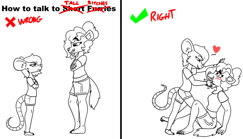 anthro barefoot blush bottomwear clothing crossed_arms digital_drawing_(artwork) digital_media_(artwork) erynerikard feet female female/female foot_on_crotch hand_on_chin hi_res how_to_talk_to_short_people hyena looking_down_at_partner mammal meme monochrome murid murine rat rodent sabine_(erynerikard) shirt shorts size_difference small_dom_big_sub spotted_hyena t-shirt tail tommie_(erynerikard) topwear trans_(lore) trans_woman_(lore)