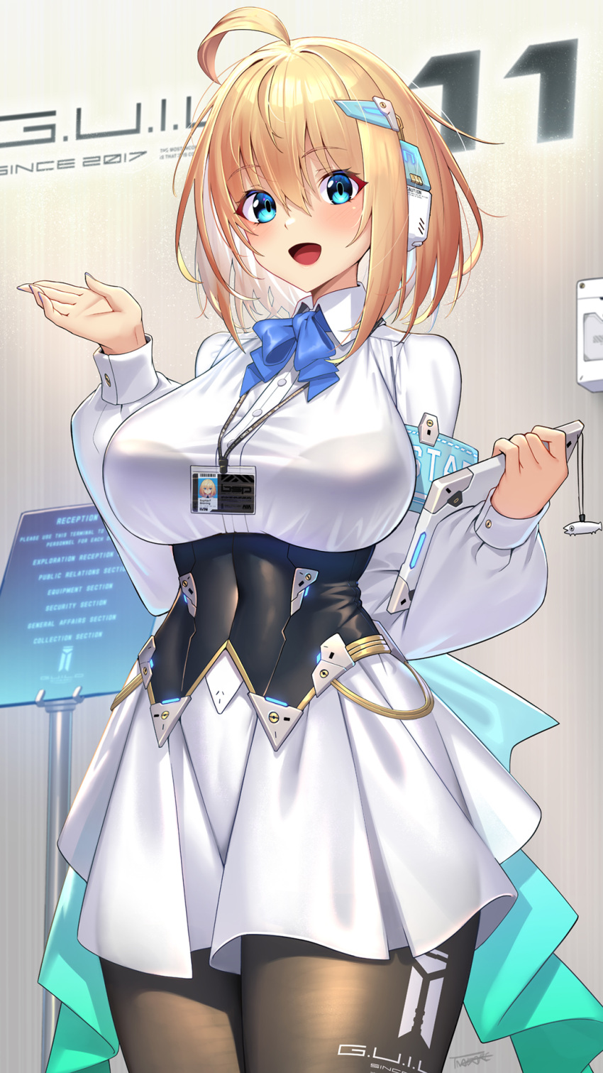 1girl ahoge blonde_hair blue_eyes bow bowtie bra_visible_through_clothes breasts covered_navel dress hair_between_eyes hands_up headset highres id_card lanyard large_breasts light_blush looking_at_viewer medium_hair open_mouth original pantyhose short_dress smile solo sophia_f_shirring tablet_pc takamine_nadare taut_clothes taut_dress underbust