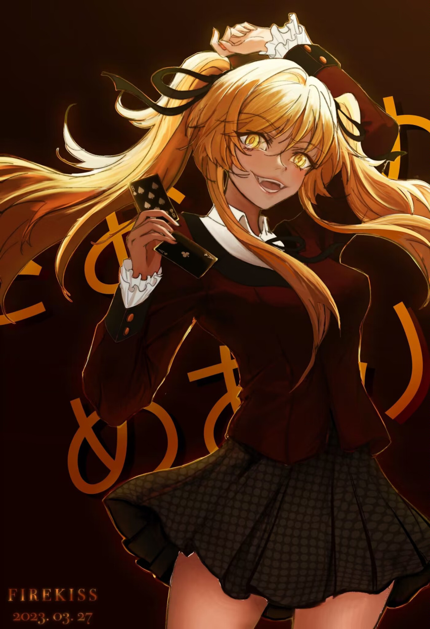 1girl arm_up artist_name blazer blonde_hair breasts card cowboy_shot dated fangs frilled_sleeves frills gradient_background grey_skirt hair_ribbon highres holding holding_card jacket kakegurui looking_at_viewer medium_breasts mixed-language_commentary neck_ribbon open_mouth playing_card pleated_skirt red_background red_jacket ribbon saotome_mary school_uniform shirt simple_background skirt smile solo teeth twintails uniform user_trvs7725 white_shirt yellow_eyes