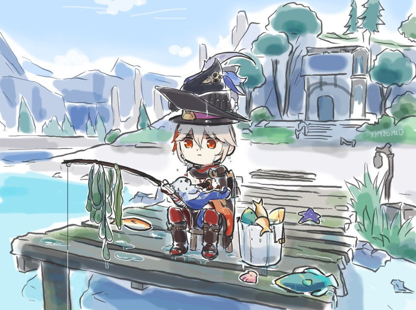 1boy blue_sky bucket cape chibi clorinde_(genshin_impact) cloud dripping fish fishing genshin_impact hat japanese_clothes jetty kaedehara_kazuha leisurely_otter_(genshin_impact) lyney_(genshin_impact) mountainous_horizon multicolored_hair navia_(genshin_impact) orange_eyes orange_hair otter seaweed sitting sky solo starfish streaked_hair top_hat tree tricorne wet white_hair wide_sleeves xinzoruo