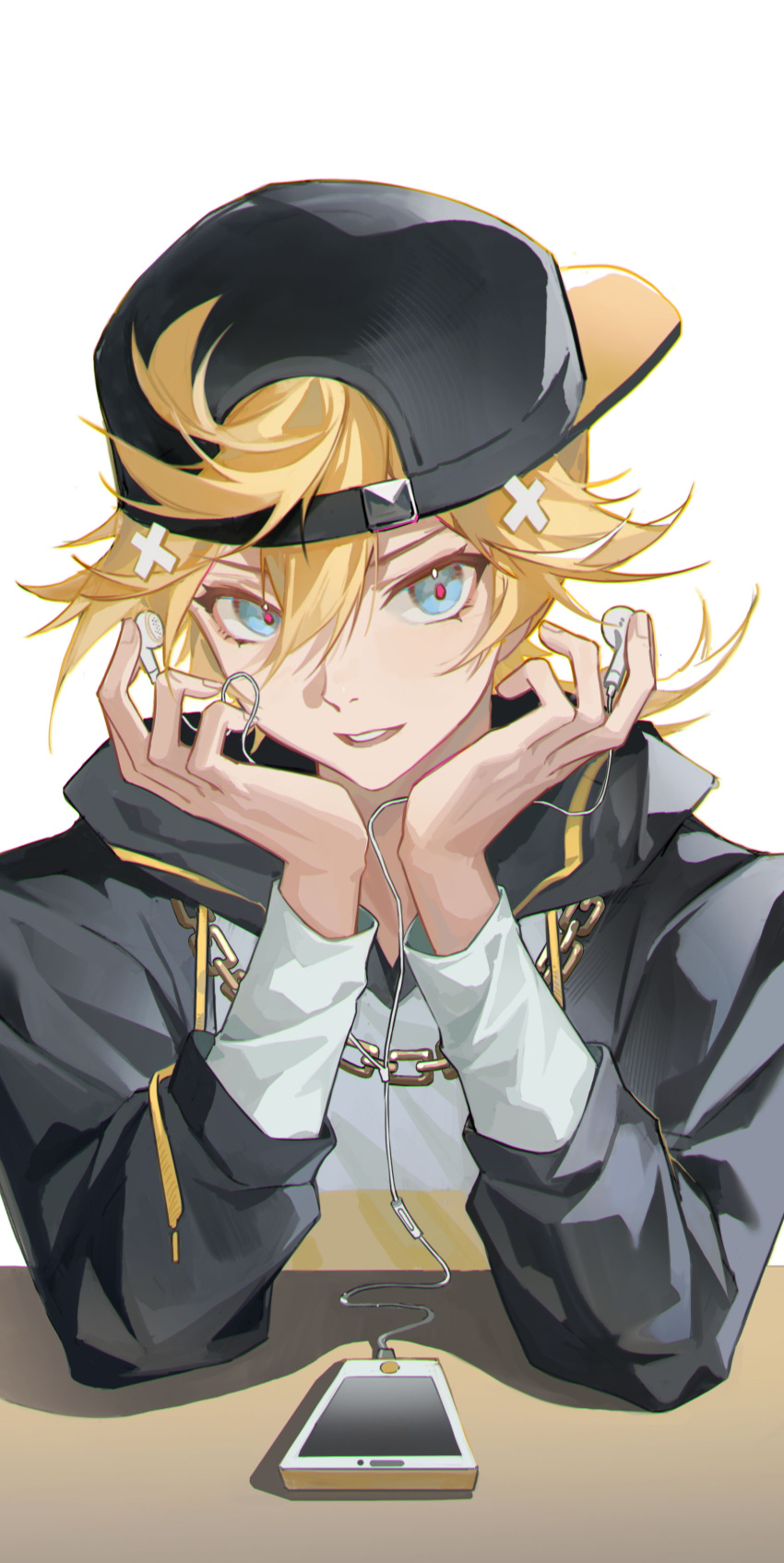 1boy absurdres baseball_cap blonde_hair blue_eyes cellphone chain earphones hair_between_eyes hair_ornament hat highres holding holding_earphones hood hood_down kagamine_len looking_at_viewer male_focus open_mouth phone qiu_xiong_ji_e short_hair simple_background sleeves_past_wrists smartphone smile vocaloid white_background