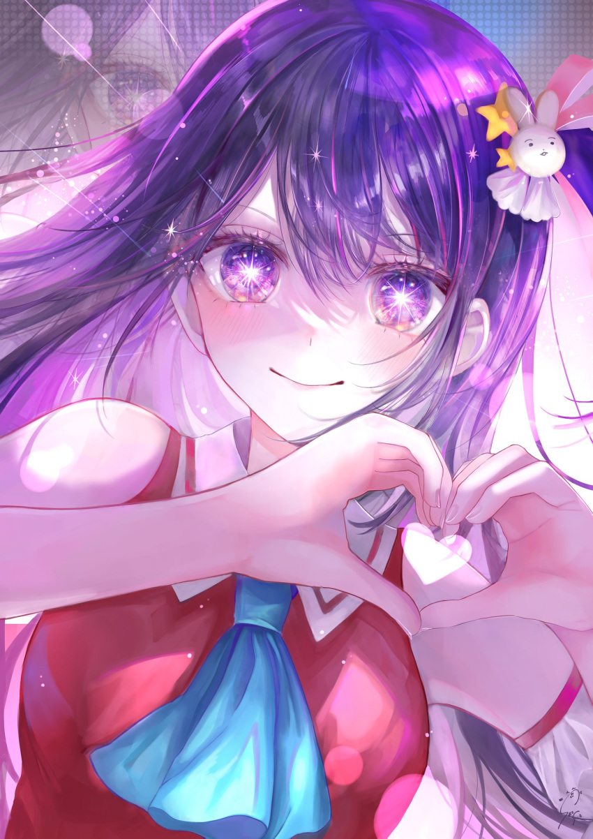 1girl bare_shoulders blue_neckerchief blush hair_ornament heart heart_hands highres hoshino_ai_(oshi_no_ko) idol long_hair neckerchief oshi_no_ko purple_eyes purple_hair rabbit_hair_ornament seisaiminty solo sparkle star-shaped_pupils star_(symbol) star_hair_ornament symbol-shaped_pupils