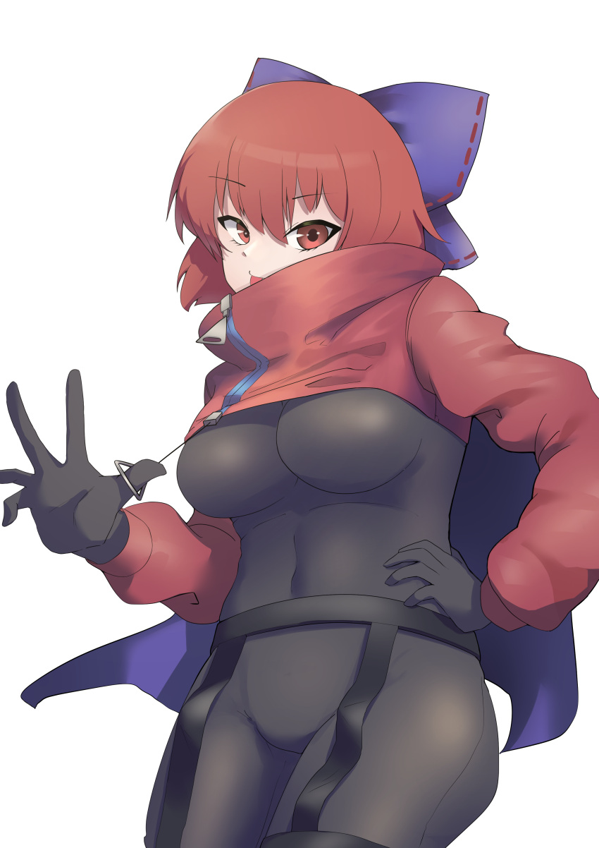 1girl :p absurdres adapted_costume alternate_costume black_bodysuit black_gloves bodysuit breasts cape capelet catsuit cloak covered_navel gloves highres long_sleeves medium_breasts nisikan0724 puffy_sleeves red_cape red_cloak red_eyes red_hair redrawn ribbon-trimmed_bow rock_'n'_rock_'n'_beat sekibanki short_hair skin_tight solo tongue tongue_out touhou two-sided_cape two-sided_fabric two-tone_cape zipper