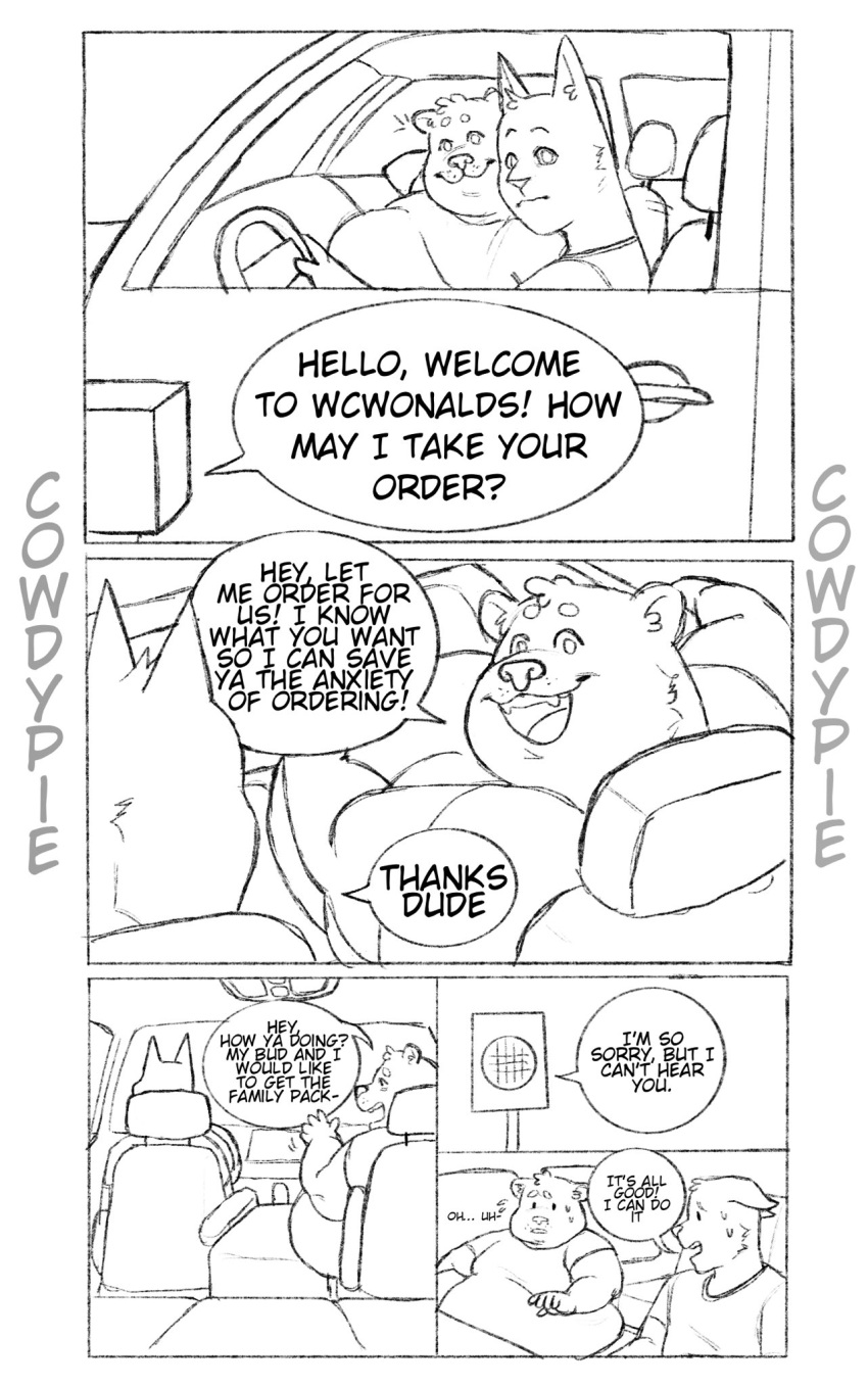anthro bear black_and_white bodily_fluids car clothed clothing cowdypie domestic_cat drive-thru duo felid feline felis hi_res klaus_(cowdypie) male mammal monochrome obese obese_anthro obese_male open_mouth ordering_food overweight overweight_anthro overweight_male remi_(cowdypie) smile sweat sweatdrop vehicle