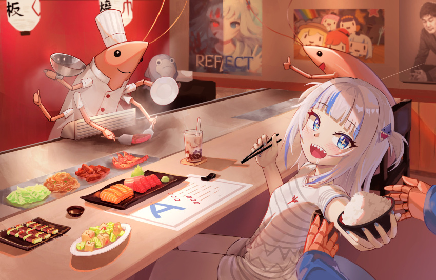 1girl a_(phrase) absurdres bloop_(gawr_gura) blue_eyes blue_hair blunt_bangs blush bowl chef chopsticks ebi-chan_(gawr_gura) fins fish_tail food gawr_gura hair_ornament highres hirotaka0125 hololive hololive_english holomyth looking_at_viewer multicolored_hair multiple_girls reflect_(gawr_gura) restaurant rice rice_bowl shark_girl shark_hair_ornament shark_tail shrimp sidelocks smol_ame smol_calli smol_gura smol_ina smol_kiara sparkling_eyes streaked_hair sushi tail two_side_up virtual_youtuber yagoo